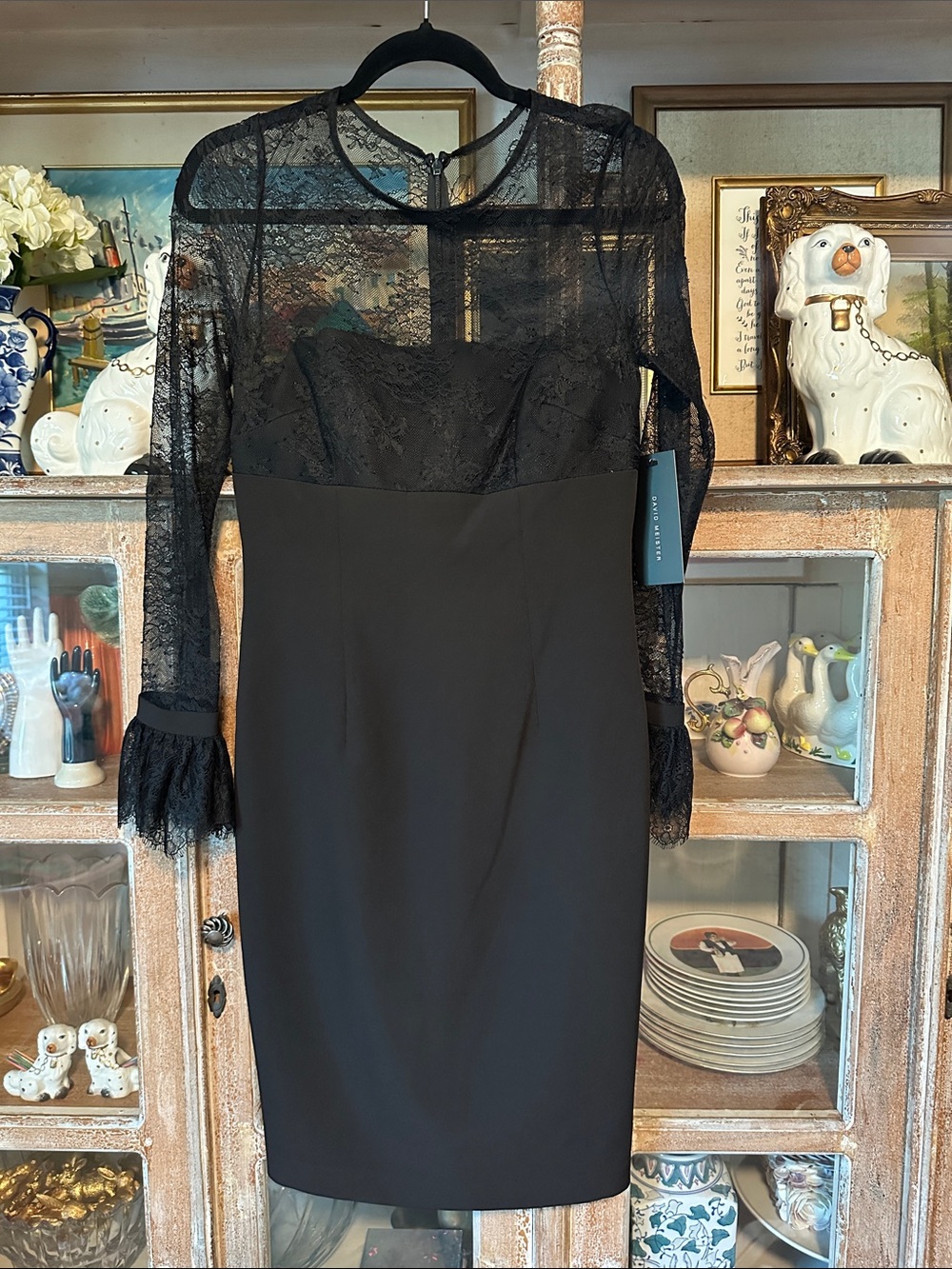 David Meister Black Lace Long-Sleeve Sheath Dress